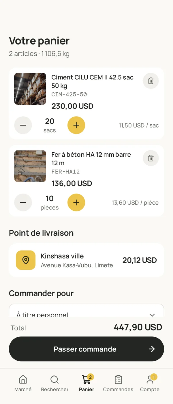 Panier de l'application
